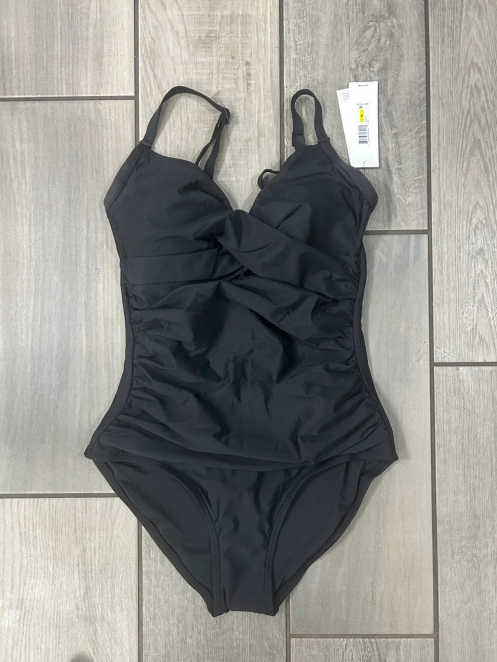 DKNY Women's Surplice Ruched Spaghetti Strap One Piece Swimsuit Tummy Control - Picture 6 of 9